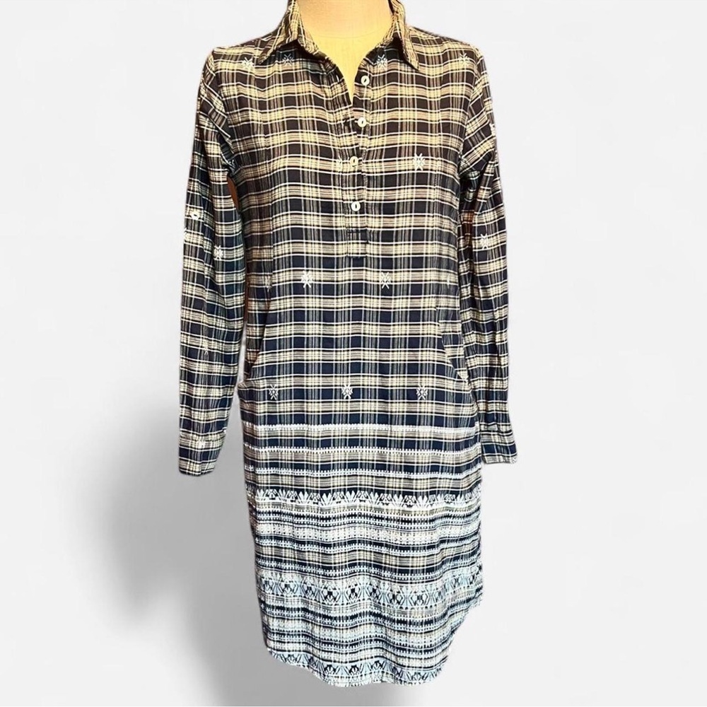 💛Roberta Roller Rabbit Raisa Navy Plaid Embroidered Long Sleeve Shirt Dress